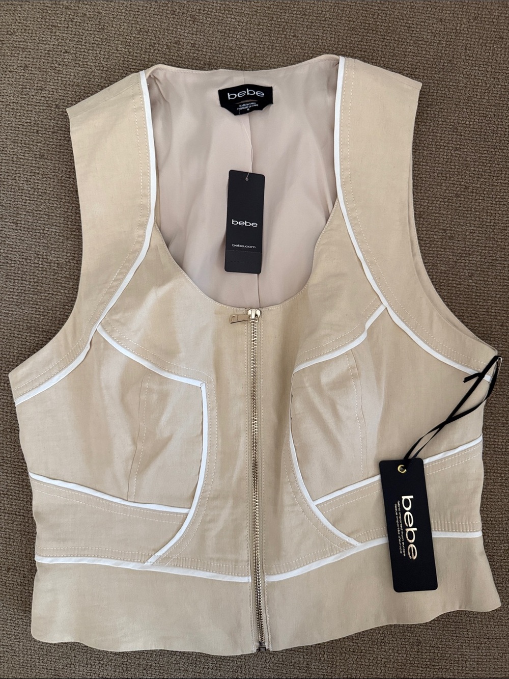 bebe Tan Vest with White Piping Zip Front